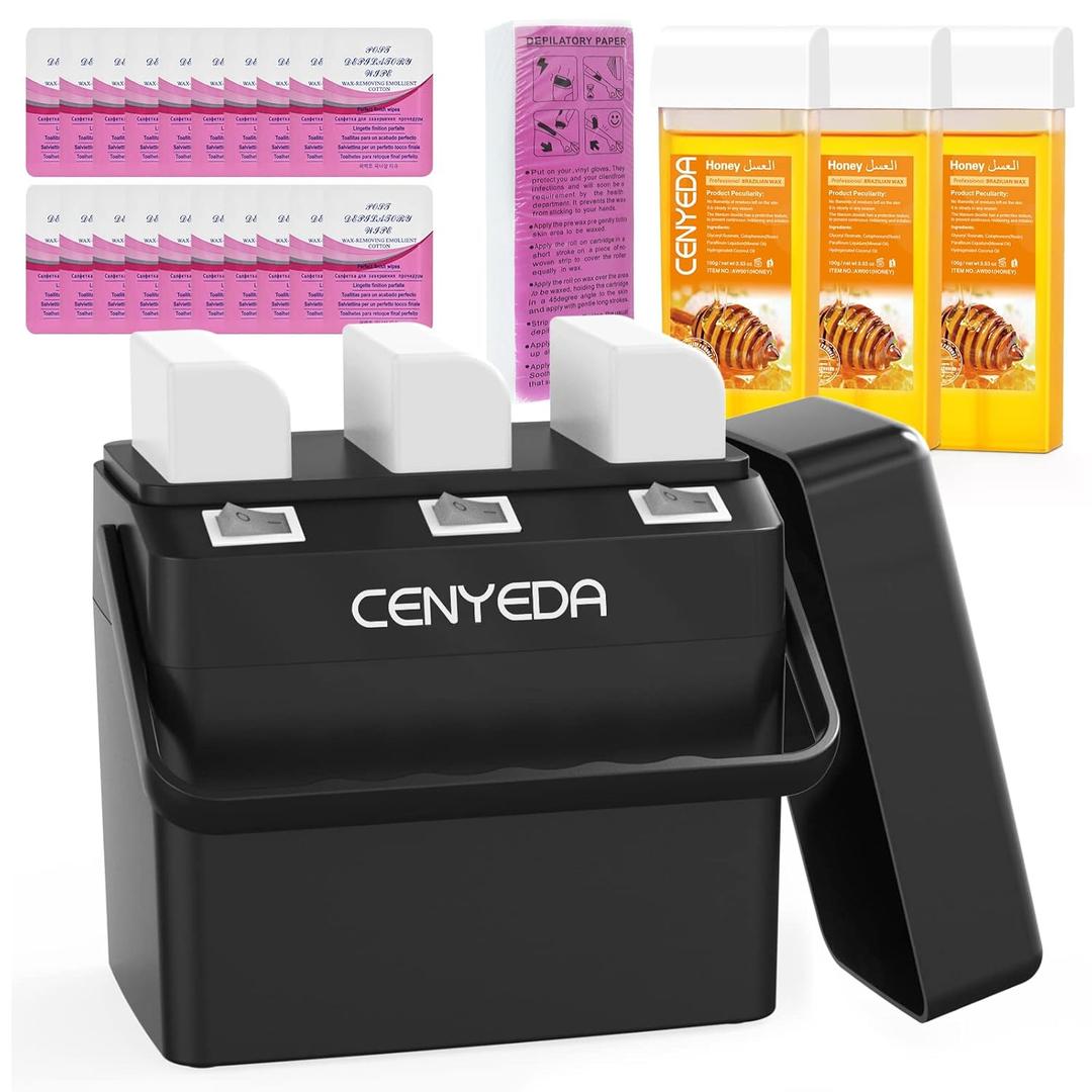 3 IN 1 Roll On Wax Kit, Waxing Kit for Hair Removal, Triple Roll-On Wax Warmer with 3 Honey Wax Cartridge Wax Roller Refill for Legs Arms and Underarm, Upgrade Heating System-Just 13 Mins Fast
