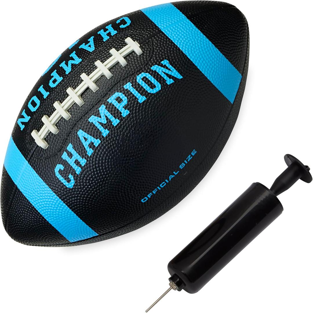 Champion Blitz Football, All-Weather Football, Enhanced Grip, Durable Rubber Cover and Molded Laces, for Outdoor Sports & Training, Includes 6 Ball Pump (Official, Black/Bonnie Blue)