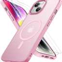 Miracase for iPhone 14 Case [MagSafe Compatible] [2 9H Tempered Glass] 12FT Military-Grade Drop Protection, Slim Translucent Matte, Anti-Fingerprint, Shockproof with Metal Buttons, Mes-Pink