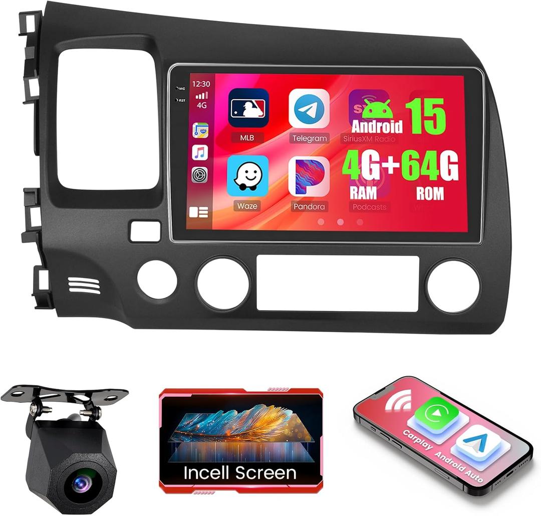 4+64GB Android 15 Car Radio for Honda Civic 2006-2011 Wireless Carplay Android Auto, 9 Inches 1280 * 720P in-Cell Touch Screen with WiFi, Bluetooth5.0, GPS, FM/RDS, EQ + Backup Camera + Mic
