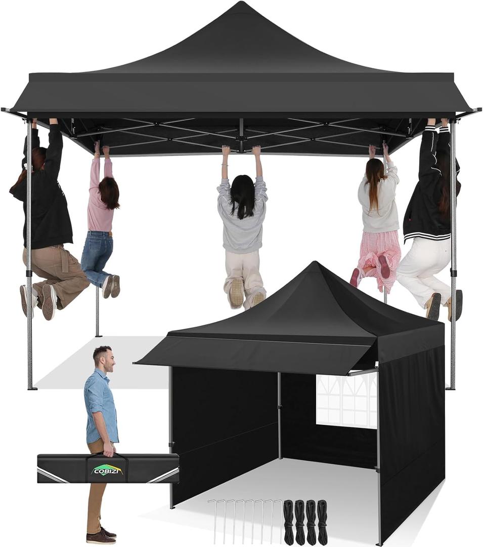 COBIZI 10x10 Pop Up Canopy Tent with Awning, Heavy Duty Canopy UPF 50+ All Season Wind Waterproof Commercial Outdoor Street Vendors Party Tents for Parties Canopy with Carry Bag(10 x 10 ft Black)