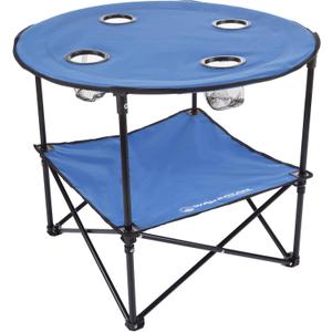 Wakeman Camp Table - Round 2-Tier Folding Table with 4 Cupholders and Carrying Bag - for Camping, Beach, Picnic, Sporting Events, and More Outdoors, Blue