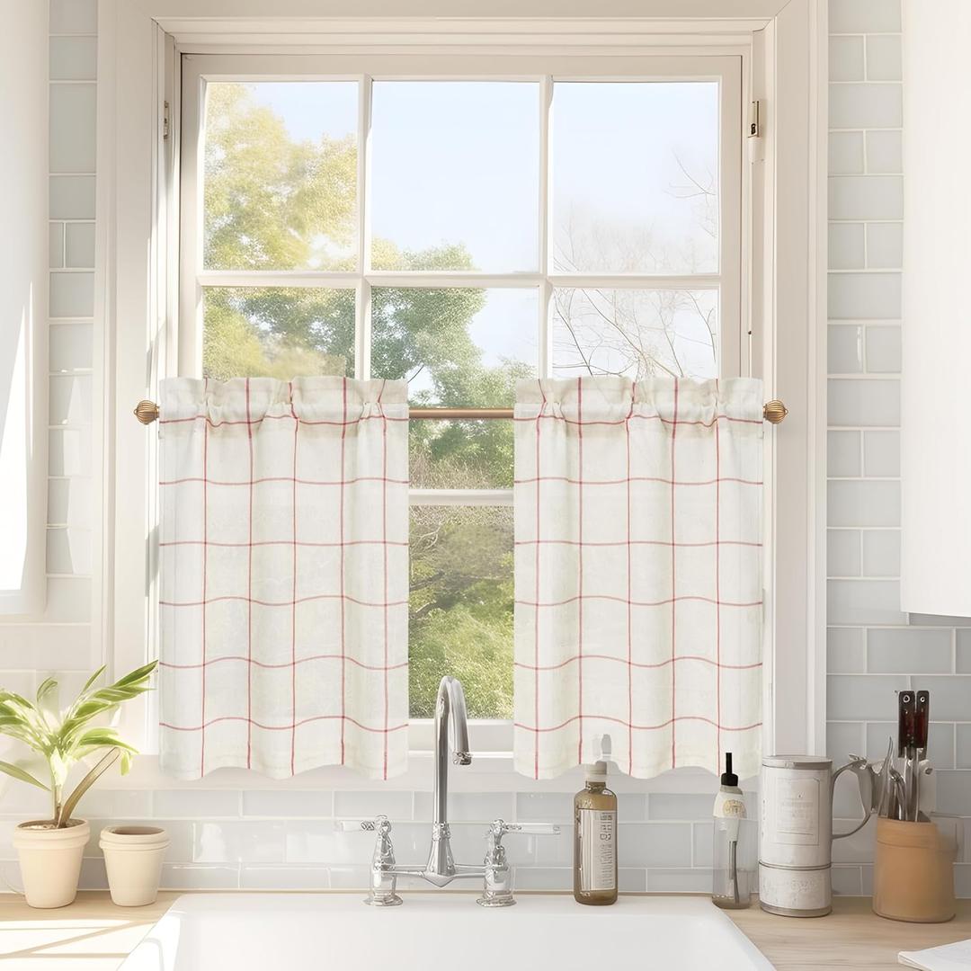 DriftAway Striped Linen Short Curtains - 24 Inch Length, Windowpane Plaid Pattern, Cafe Style for Living Room, Bathroom - Rustic Farmhouse Theme, Rod Pocket, 2 Panels Red
