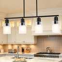 Dining Room Chandelier Light Fixture Over Table with Milk Glass Shade, 4-Light Island Light Hanging for Linear Pendant Light for Kitchen Island Table Living Room with Adjustable Rods, Metal Black