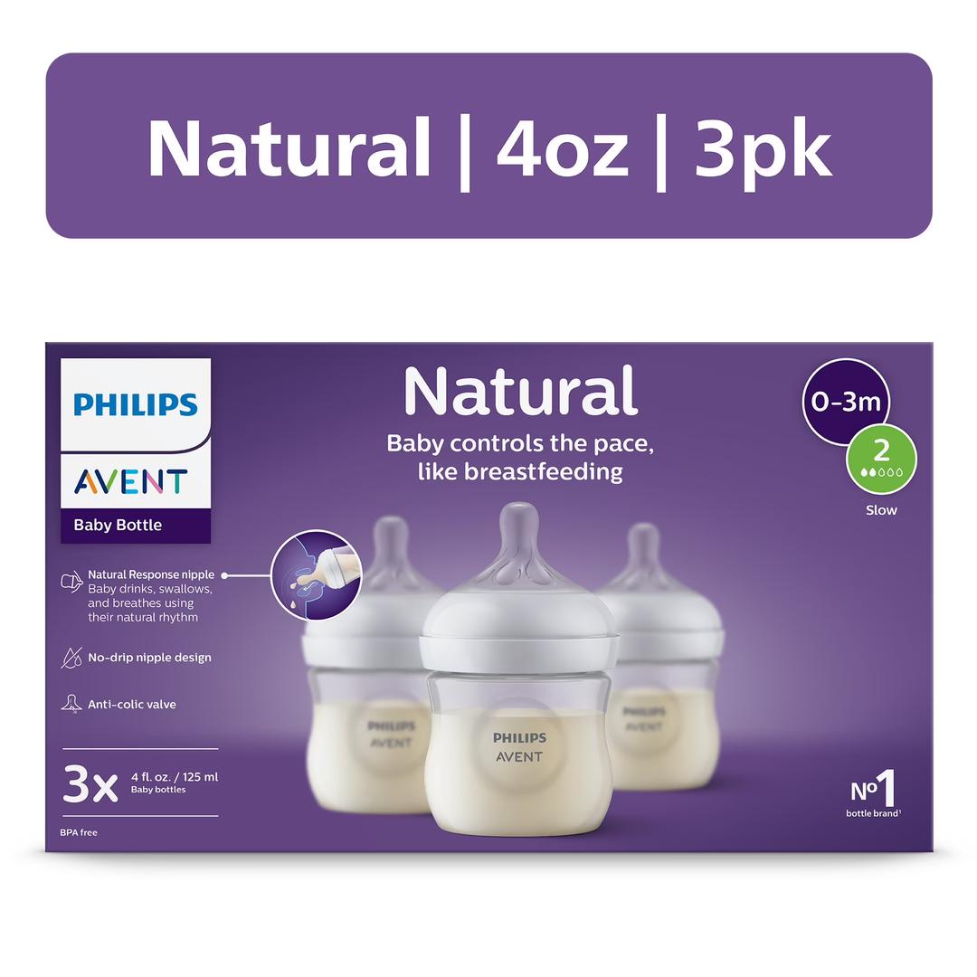 Philips Avent Natural Baby Bottle with Natural Response Nipple (Slow Flow, Flow 2), 4oz, 3-Pack, SCY900/93