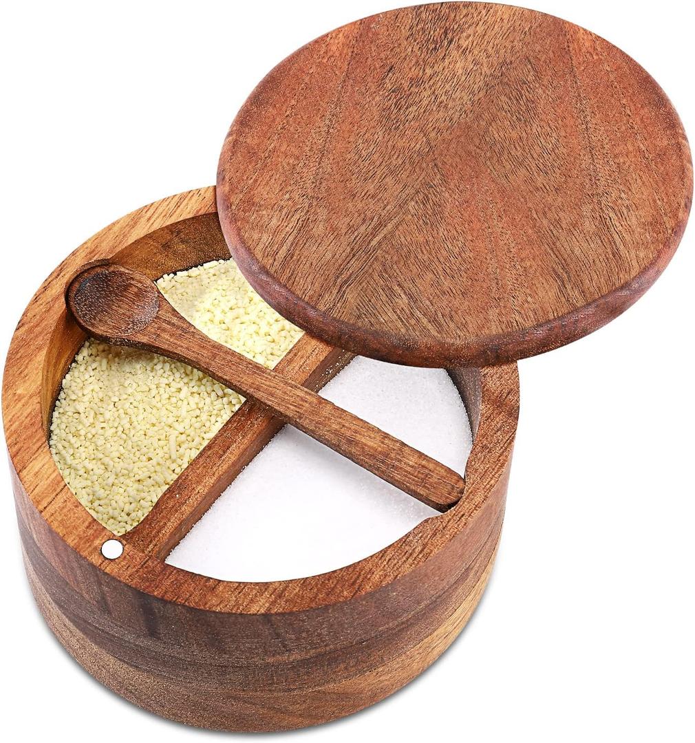 Acacia Wood Salt and Pepper Bowl, Nature Wood Salt Cellar and Spices Storage Box With Built-in Spoon and Magnetic Swivel Lid (Two Compartments 12 oz)
