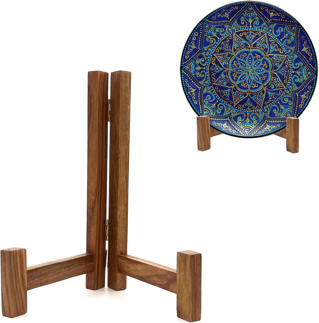 Plate Stands for Display, 7 Inch Plate Holders for Displaying, Rustic Solid Wood Tabletop Saucer Rack, Folding Picture Frame Holder Easel