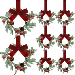 8 Pcs Christmas Mini Wreaths for Cabinet 8 Inch Flocked Mistletoe Wreath with Bow Artificial Berries Pinecones for Christmas Holiday Kitchen Cabinet Window Chair Decor(Red)