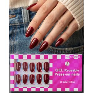 Burgundy Red Press On Nails Short, 16 Sizes Almond Fake Nails Glossy 32pcs, Nail Glue Included