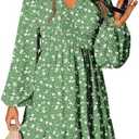 Dokotoo Fall Dresses for Women 2025 Boho Floral V Neck Long Sleeve Smocked Elastic Waist Casual A-Line Mini Dress Sundress M