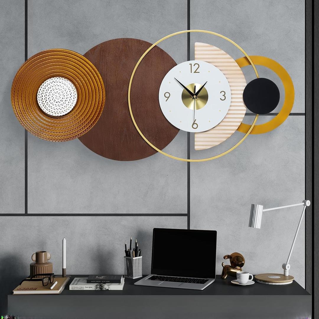 Large Mid Century Clock for Living Room,Modern Unique Battery Operated Wall Clocks Silent Iron & Wood Big Wall Clock Brown Circle Geometric Clocks for Home,Living Room,Bedroom 47.2 x 2.8inch
