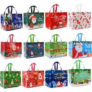 2 x sanchlor 12 Pack Christmas Gift Bags, 12.6"x9.8"x6.7" Large Non-Woven Tote Bags with Handles for Wrapping Xmas Party Favors