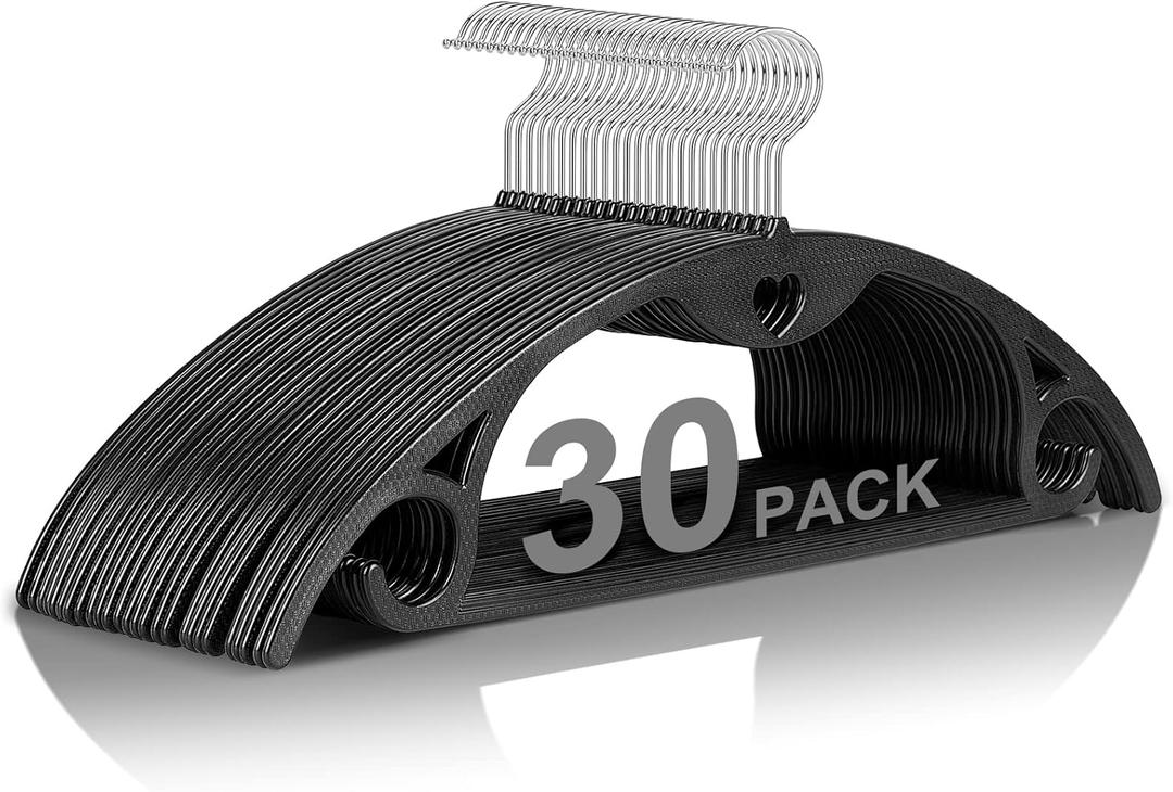 Plastic Hangers - Black Clothes Hanger No Shoulder Bumps & 360Swivel Hook, Thin, Space Saving for Closet, Non Slip, Fit for Suits Pants Heavy Duty Adult Coat - 30 Pack