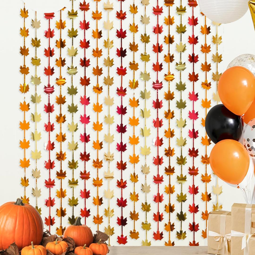Fall Decor 4Pack Red Gold Orange Maple Leaves, Autumn Harvest Photo Booth Props Backdrop Streamers, 3.3 X 6.6 ft Thanksgiving Decorations Metallic Foil Fringe Curtains Fall Party Supplies
