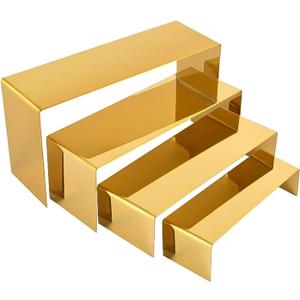 PROFIKLA 4 Pcs Gold Stainless Steel Display Risers, Display Stand for Cupcake Dessert Perfume Purse Handbag Shoe Jewelry and Funko Pop