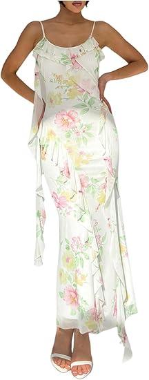 Milumia Women's Floral Mesh Ruffle Cami Dress Sexy Spaghetti Strap Bodycon Maxi Dresses Multicolor X-Large