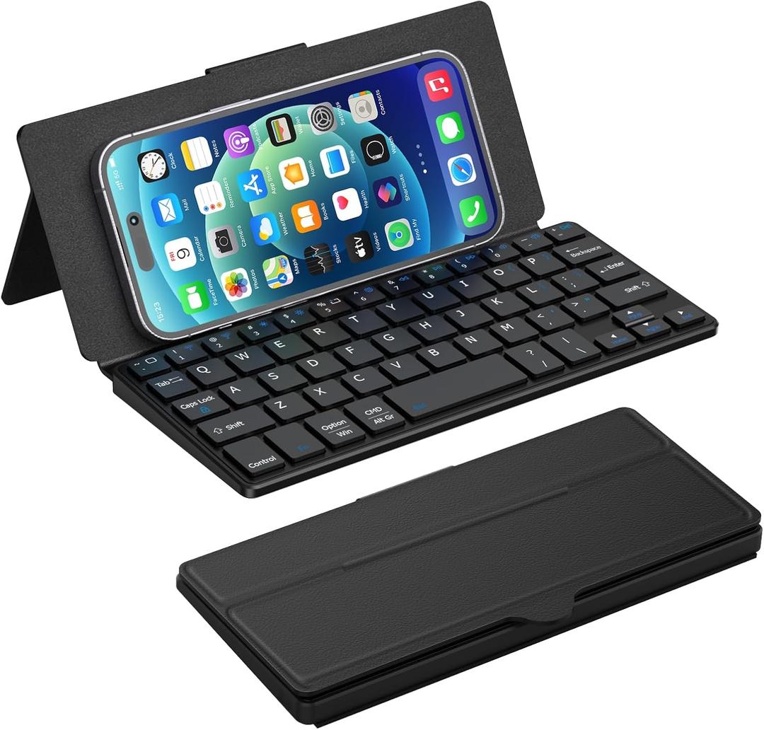 Doohoeek Universal Bluetooth Keyboard for Samsung Galaxy Z Fold, iPad mini 7 2024 & Phones, Dual Bluetooth Mini Keyboard with Any-Angle Kickstand & Leather Cover for Android, Windows and iOS (Black)