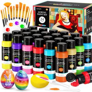 40 PCS Acrylic Paint Set with 12 Brushes, 2 Knives, Palette & Sponge, 24 Colors (2oz/60ml) Art Craft Paint for Adults Kids Artists Beginners, Canvas Ceramic Rock Eggs Painting Kit Art Supplies