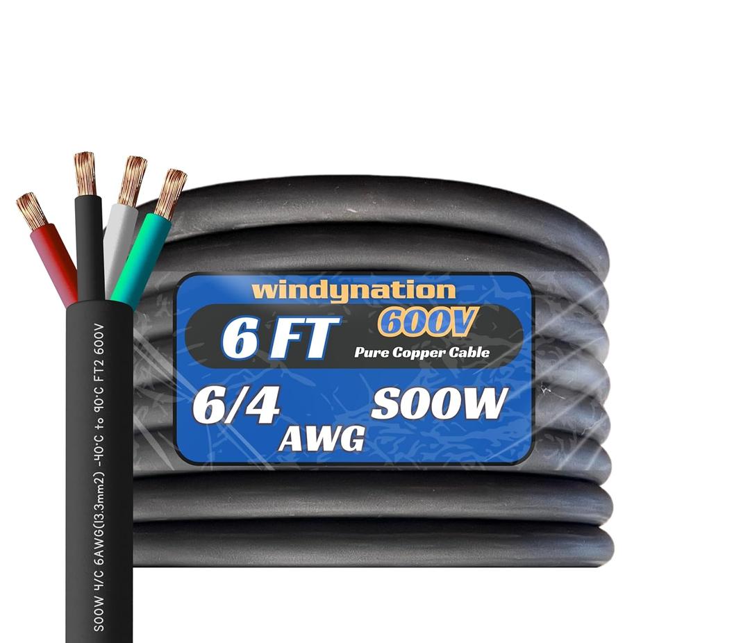 6 Gauge 4 Conductor 6/4 AWG Black SOOW Portable Power Cable Wire (6 Feet)