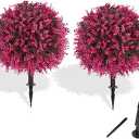 Grooy Artificial Topiary Tree with Pink Eucalyptus, Set of 2 Artificial Shrub Bushes with Ground Spike, Fake Evergreen Tree for Porch, Artificial Plants for Outdoor Planters Indoor UV Resist
