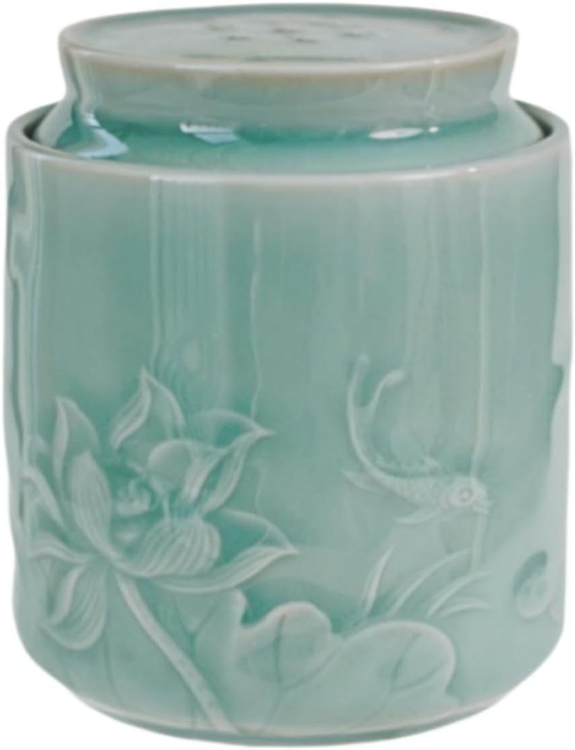 Ceramic Storage Jar with Lid, Embossed Floral Design, Olive Green, Kitchen Container