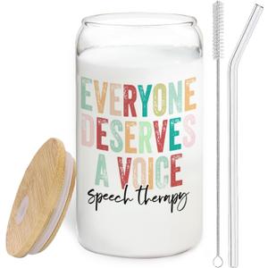 Speech Therapy Mental Health Gifts Glass Cup,Everyone Deserves A Voice Glass Cup With Lids And Straws 14oz, Slp Speech Pathologist Inspirational Counseling Gifts
