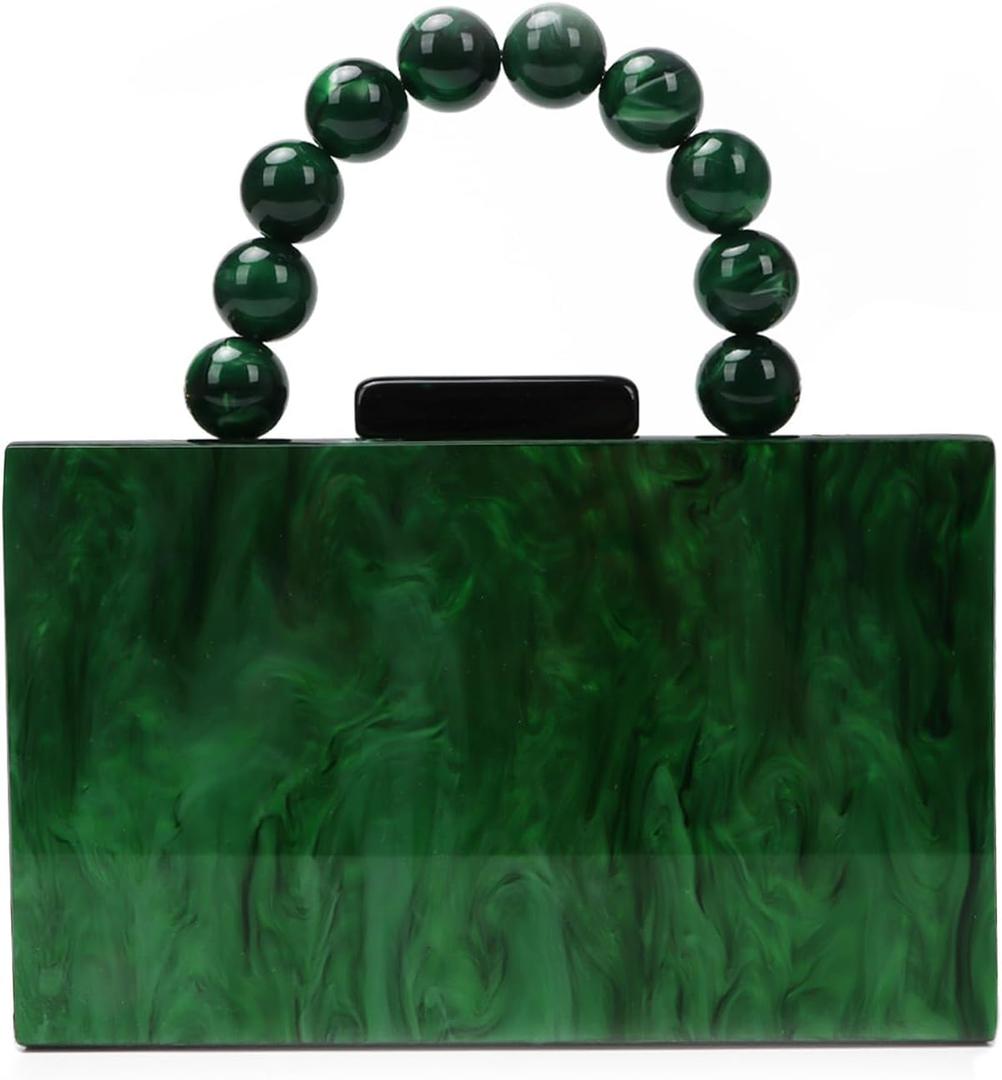KUANG! Women Acrylic Clutch Purse Evening Bag Marbling Handbags Crossbody Bag with Pearl Chain for Banquet Party (Dark Green)