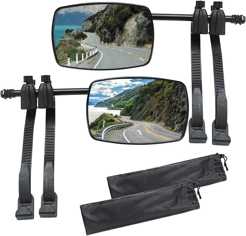 Universal Clip-on Towing Mirror, Lifronkit Mirror Extensions for Towing, 360 Degree Rotation Adjustable, New Pinch Screw & Safety String Design for Secure Fit, Vibrationless, 2pcs