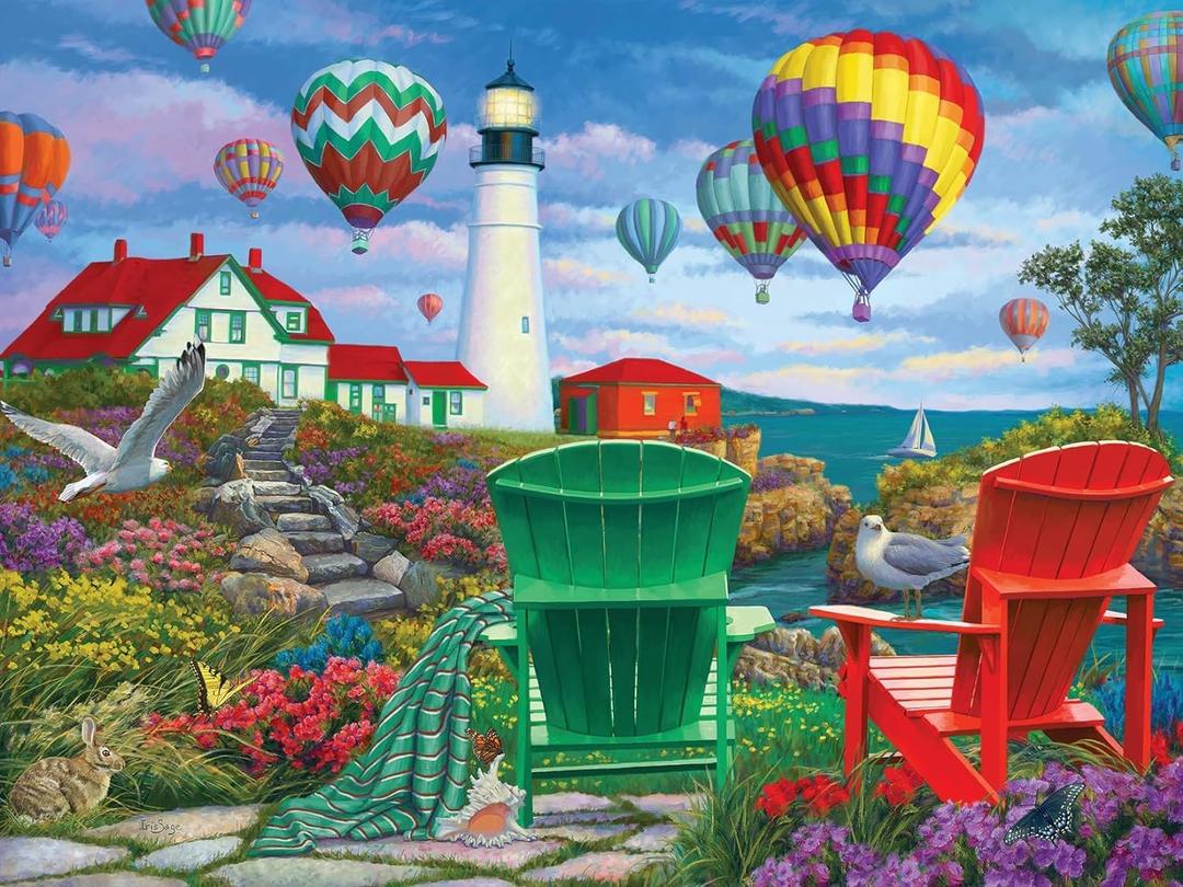 Bits and Pieces  Large 300 Piece Jigsaw Puzzle for Adults  The Lighthouse - Colorful Hot Air Balloons Jigsaw Puzzle by Iris Sage, Completed Puzzle Size: 18" x 24"