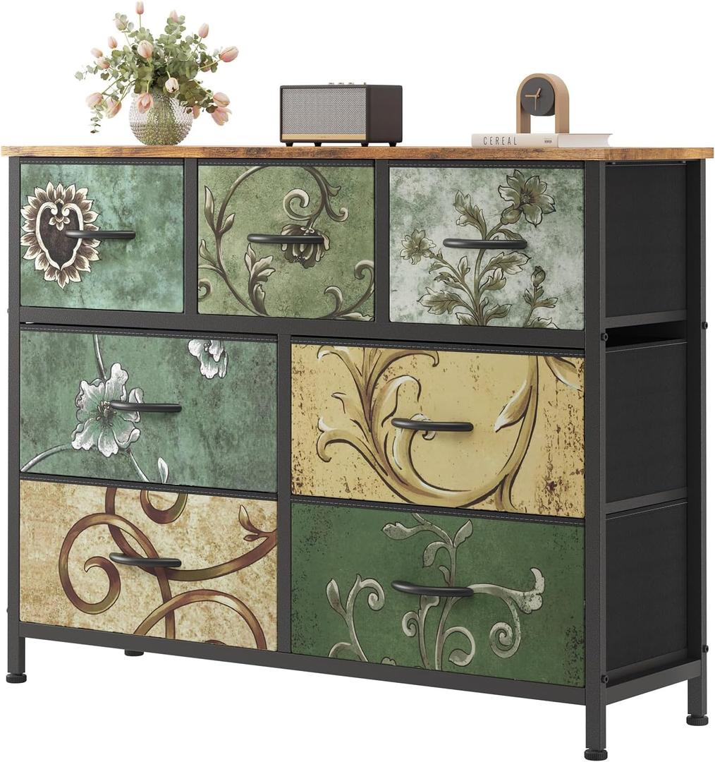 Sweetcrispy 7 Drawer Dresser for Bedroom Storage, Fabric Bins, Floral Print, 39.3"D x 11.8"W x 30.3"H