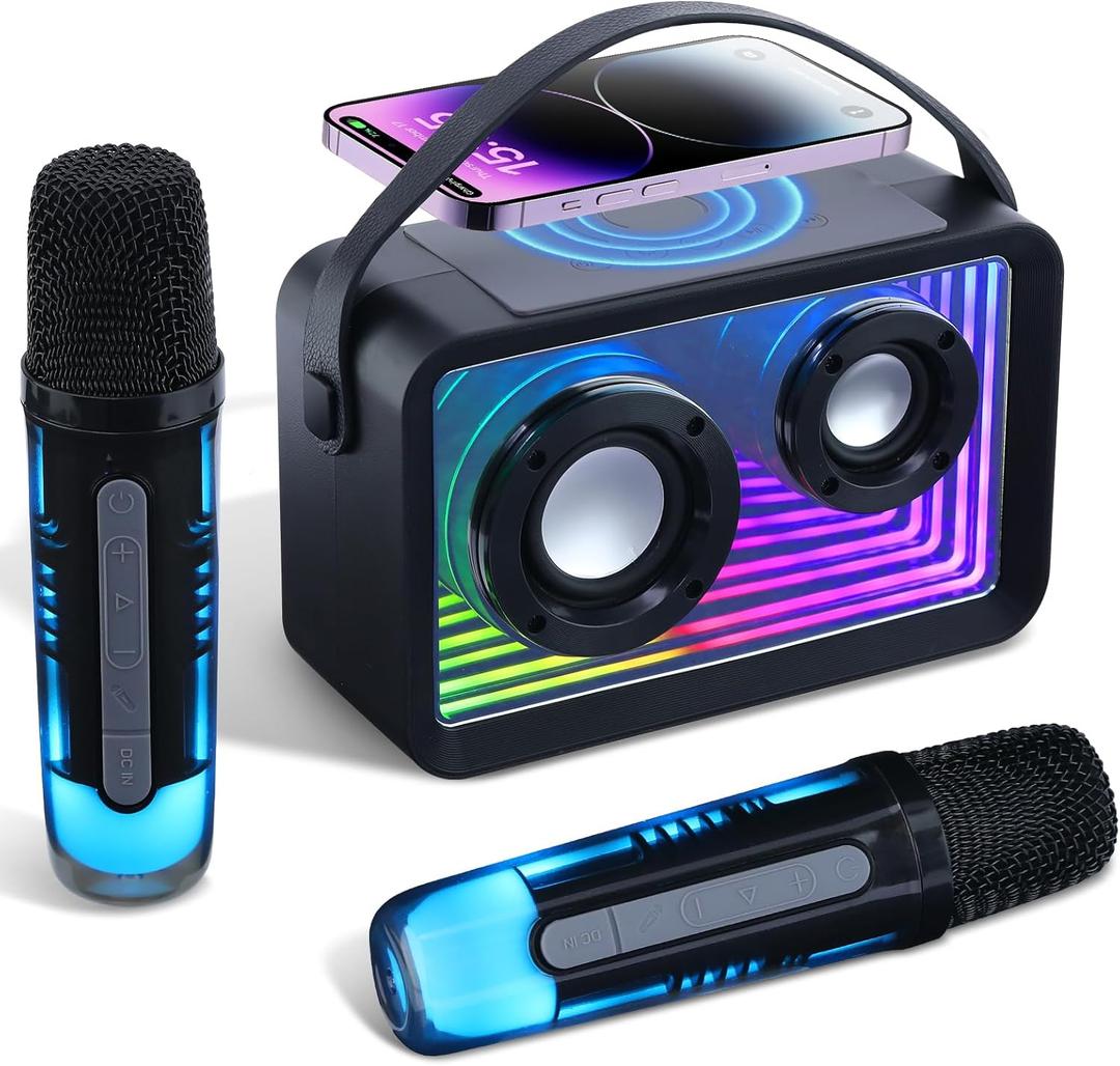 Mini Karaoke Machine for Kids Adults, Portable Bluetooth Speaker with 2 Wireless Microphones & Wireless Charger, Toys with Lights Gift for Kids