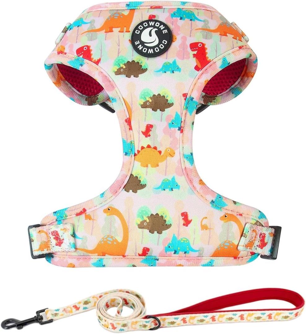 Adjustable Dog Harness and Leash Set for Girl Air Mesh Dog Vest Harness 5Ft Pet Training Leash with Soft Handle Pet Escape Proof for Small Medium Large Dogs (Dinosaur, M) (M (Neck 13.4"-16.5"; Chest 17.7"-23"))