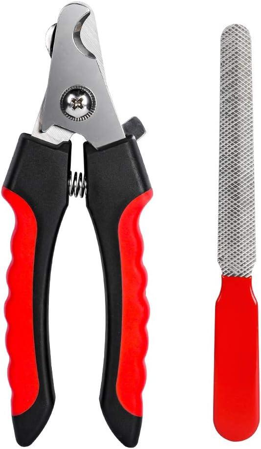 Dog Nails Clippers Trimmer with Safety Guard to Avoid Over-Cutting, Razor Sharp Blades with Bonus Dog Nail File, Cat Claw Clippers with Sturdy Non Slip Handles for Pets Dog CatRed & Black