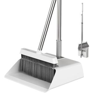 JOYMOOP Broom and Dustpan Set, Upright Standing Brooms for Sweeping Indoor, Light Weight Stainless Steel can be Hung on The Wall, Suitable for Pet Hair, Carpet, Floor (White)