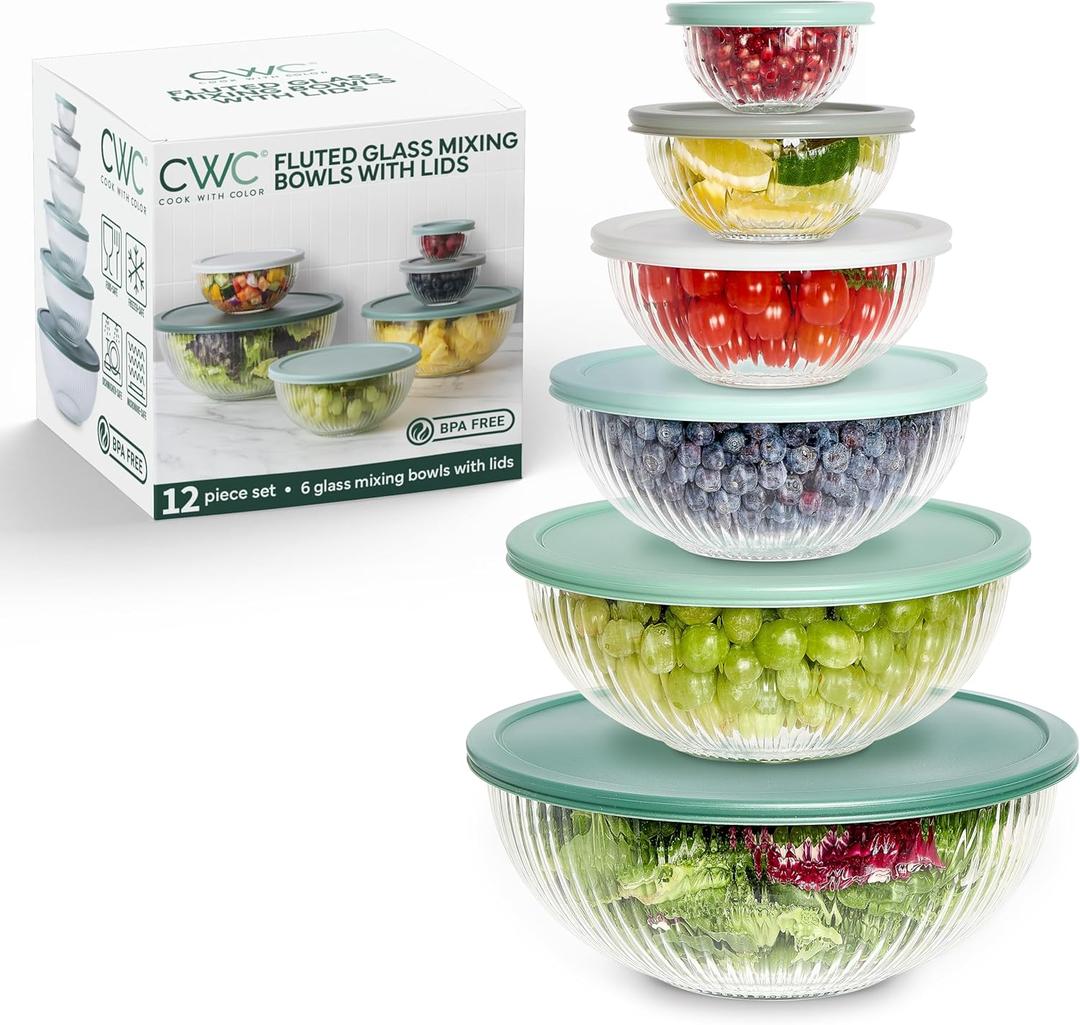 COOK WITH COLOR 12 Pc Glass Mixing Bowl Set with Lids  Borosilicate Glass Nesting Bowls for Cooking, Baking and Meal Prep, Fluted Sage