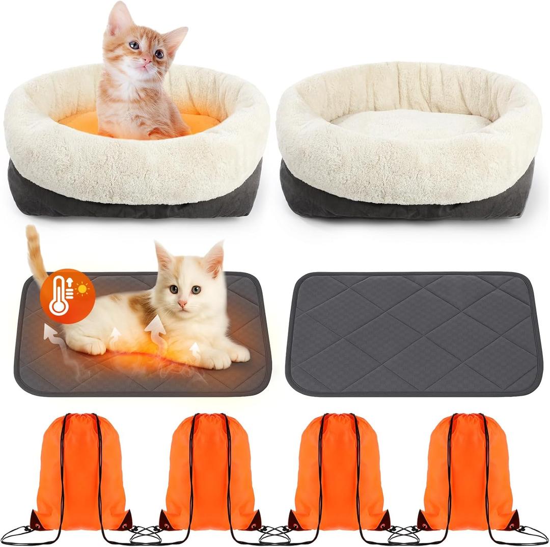 Riakrum 4 Pack Self Warming Cat Bed 17.7 x 13.7 Inch & Self Heating Cat Mat 16 x 20 Inch Anti-Slip Soft Round Thermal Heated Pet Bed with 4 Storage Bags for Indoor Outdoor Small Pet Kittens Puppies