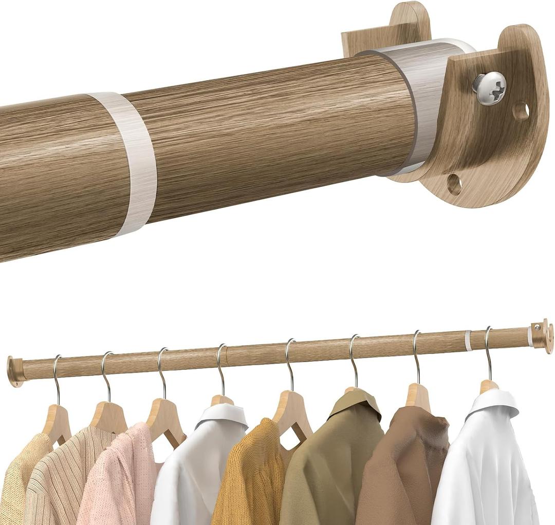 Closet Rods for Hanging Clothes, 17 to 54 Inches Stepless Adjustable Metal Closet Rod, 1.3 Inches Heavy Duty Clothes Hanging Rod for Closet Wardrobes Laundry RV(Wood Grain)
