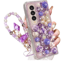 for Samsung Galaxy Z Fold 7 Bling Case,Luxury Cute Crystal Rhinestone Flowers Sparkle Glitter Diamond Pearl Women Girls Case Cover with Wrist Lanyard for Galaxy Z Fold 7,Purple