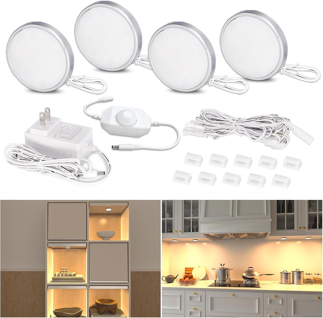 WOBANE Dimmable LED Puck Lights, Under Cabinet Lighting with Switch, Plug in Under Counter Lighting for Shelf, Closet, Cupboard, Bookcase, Display, Super Bright, 2700K Warm White, 4 Pack