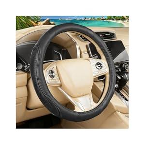 Norkmdi Car Steering Wheel Cover, 15 Inch Elastic Breathable Leather Vehicle Steer Wheels Protector, Anti-Slip Automotive Interior Protection Accessories for Men Women, Universal Fit (Black)
