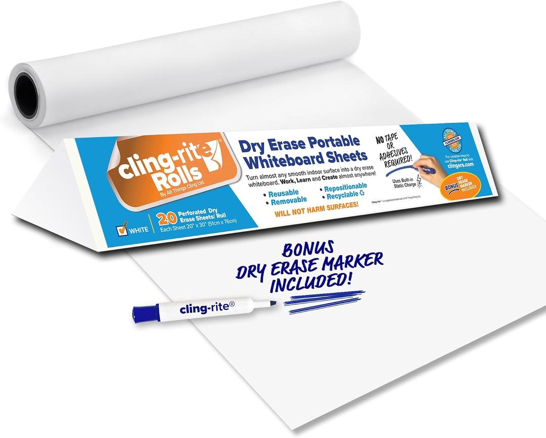 Clingers Dry Erase Cling-rite Roll Basic - Removable, Recyclable Whiteboard, 50' ft Roll, 20x30 Inch Sheets for School, Home, Office Decor, and Art Projects & Dry Erase Marker - American Made