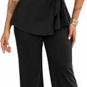 Ekaliy Women's 2 Piece Outfits Short Sleeve Peplum Top Flared Pant Business Suit Set Dressy Pantsuits (Black, XXL)