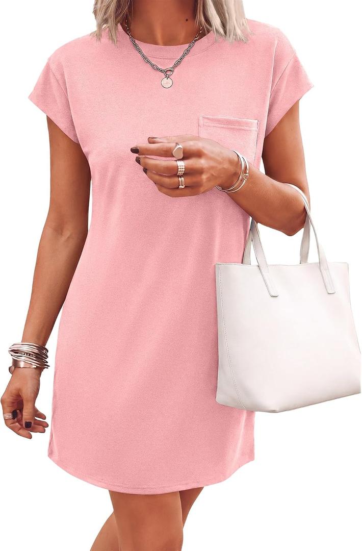 KIRUNDO Summer Dresses for Women 2026 Cap Sleeve Tshirt Dress Spring Mini Shift Sundress Loose Beach Outfits with Pockets (XL)