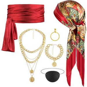 6PCS Pirate Costume Set,Women Pirate Accessories Head Scarf Sash Necklace,Halloween Outfit Accessories for Adult Cosplay Party