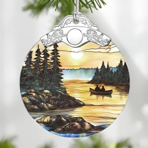 Canoe Lake Sunset Stained Glass Ornament, Christmas Ornaments  Christmas Tree Decorations, Holiday Decor, Stocking Stuffer, Gift Idea, Gifts for Nature Lover, Outdoor & Camping Lover