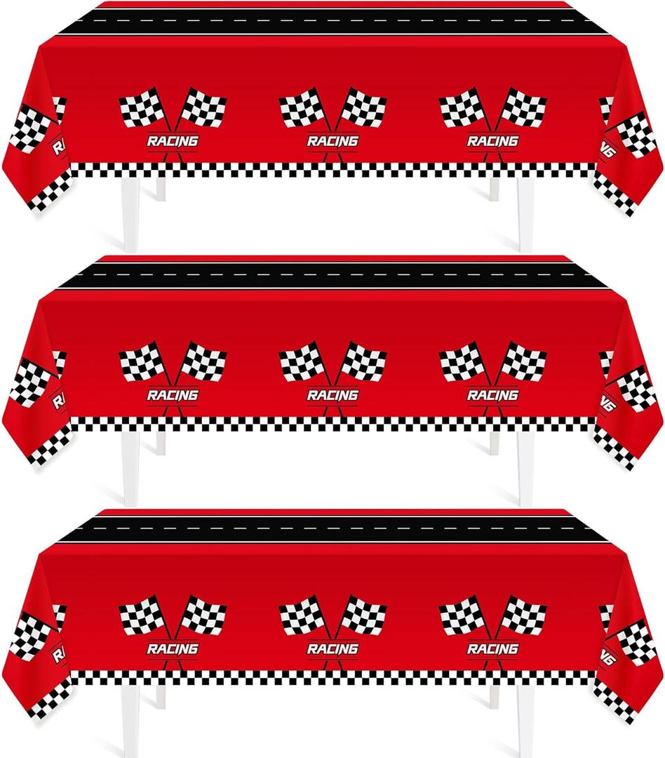 Childom 3Pcs Racing Car Plastic Tablecloth, Race Birthday Party Decorations, 54'' x 108'' Checkered Table Cloth Decor, Favors Rectangular Tablecloth for Boys Baby Shower Home