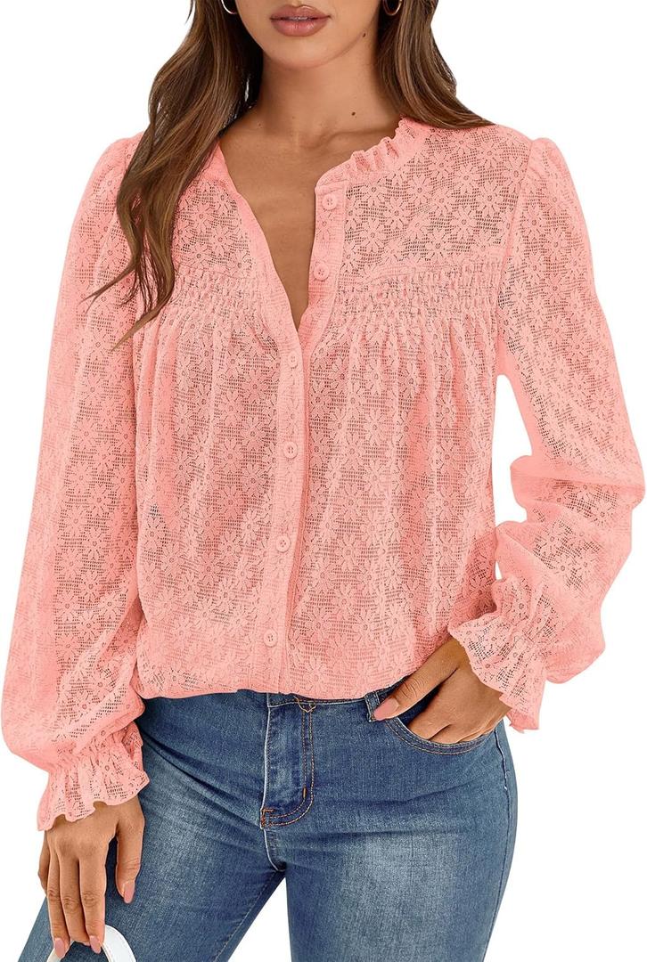 PRETTYGARDEN Women's Lace Long Sleeve Button Down Blouse (Pink, S)
