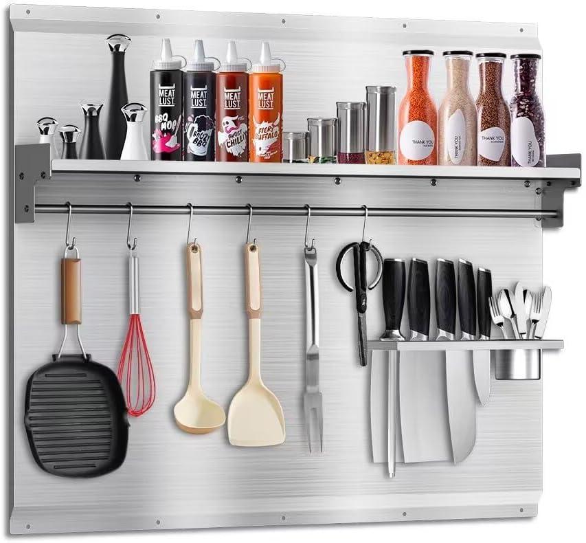 36"x30" Stainless Steel Backsplash for Stove & Range Hood - Range Backsplash with Shelf & Knife Rack, Kitchen Backsplash Wall Shield with Pre-Drilled Holes, Easy Install