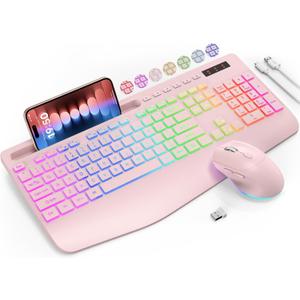Wireless Keyboard and Mouse Combo, 9 Backlit Effects, Wrist Rest, Phone Holder, 2.4G Lag-Free Ergonomic Keyboards, KM22 MAX Rechargeable Silent Set for Computer, Laptop, Mac, Windows -SABLUTE（Pink）