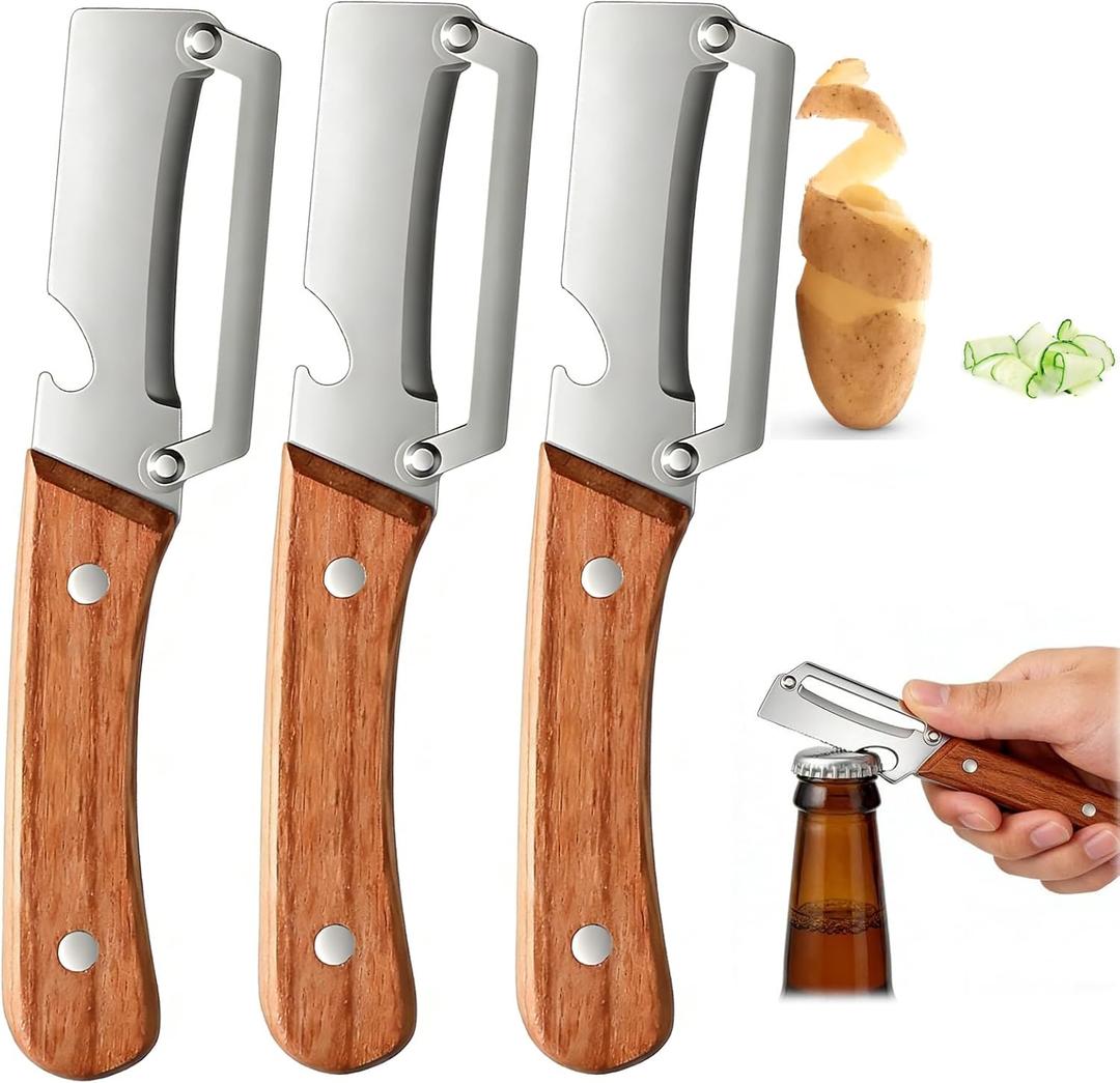 Multifunctional Vegetable Peeler,Stainless Steel Peeler with Wooden Handle& Bottle Opener, 3 in 1 Vegetable Peeler for Kitchen, Zero Snag Wooden Kitchen Tool for Potato, Apple (3PC)